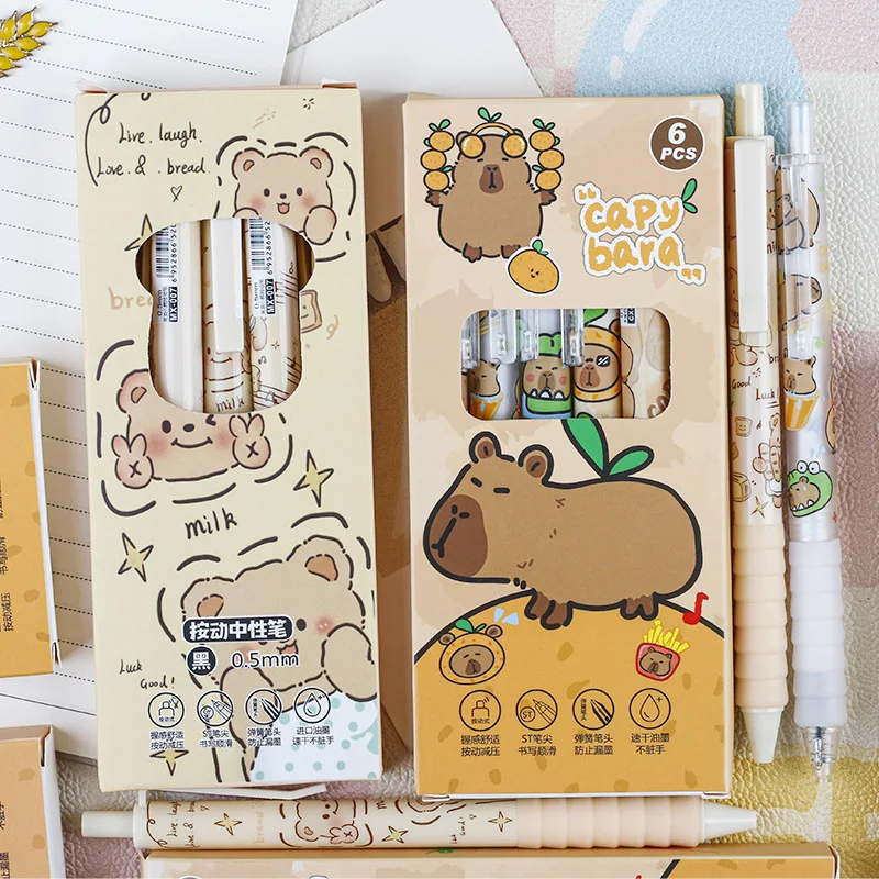 Zestaw 6 długopisów żelowych INS Style Kawaii Capybara, długopis żelowy 0.5mm, czarny długopis żelowy z kreskówką, szybkoschnący długopis do podpisu dla uczniów.