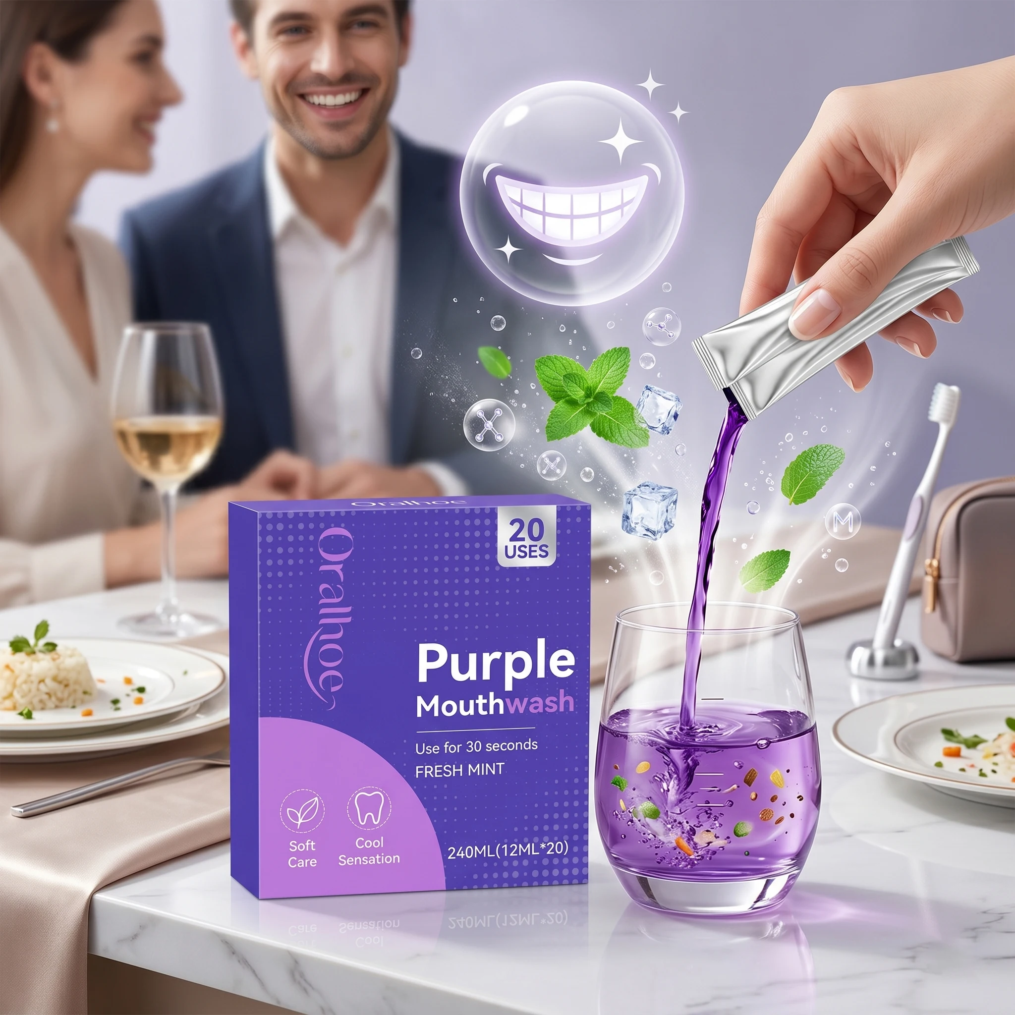 20Pcs Disposable Purple Mouthwash Travel Color Correcting Peroxide Alcohol Free Freshens Breath Supports Gum Health Vegan