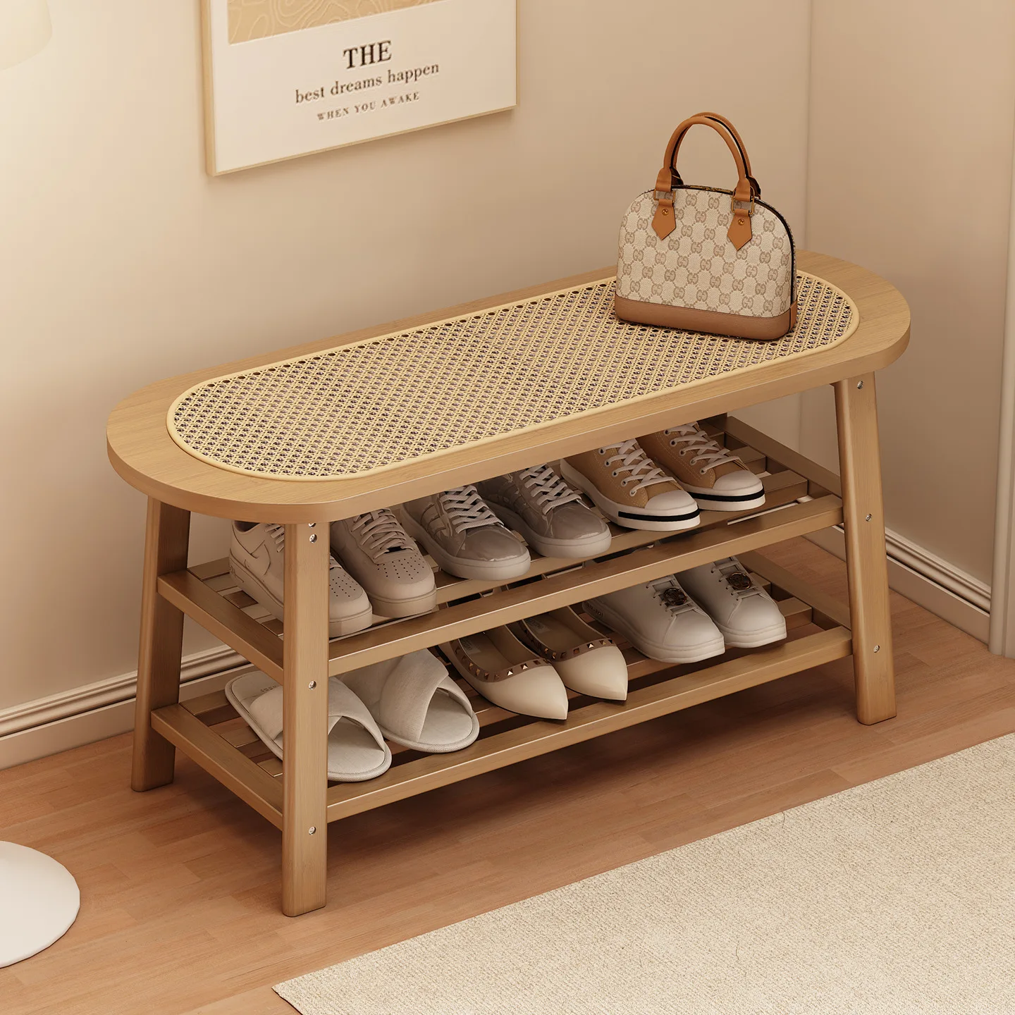 

HYS solid wood shoe changing stool, simple entry at the door of the home, shoe cabinet, coat rack, integrated rattan stool