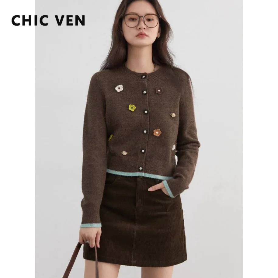 

CHIC VEN Korean Women Sweaters O Neck Loose Casual Long Sleeve Flower Contrast Knitted Cardigan Girl Jumpers Autumn Winter 2024