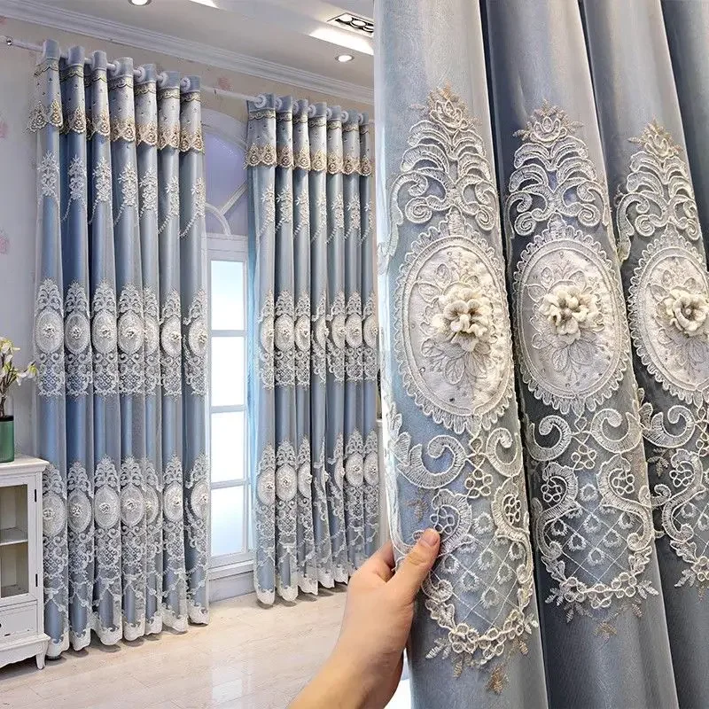 European High-end Modern Curtains for Living Room Bedroom Balcony Gauze One-piece Blackout Double-layer Embossed Embroidery