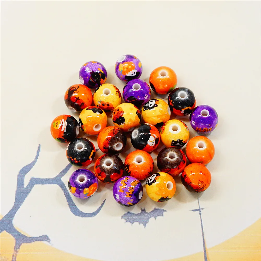 10PCS Halloween Acrylic Beads Random Mixed Ghost Pumpkin Round Spacer Beads DIY Bracelet Necklace Jewelry Making Accessory