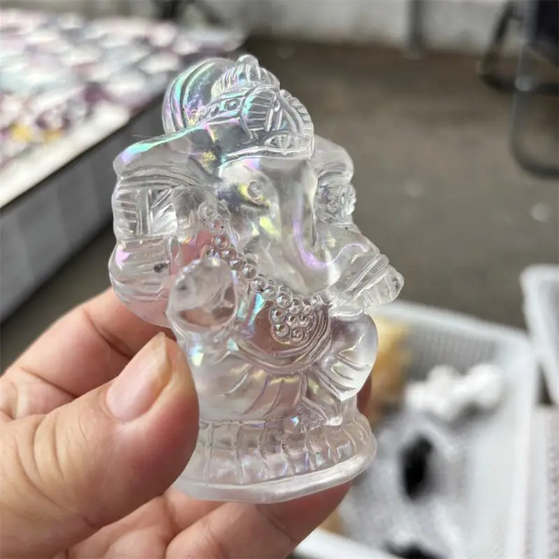 Natural Aura Quartz Ganesha Carving Cartoon Stones Healing Polished Mineral Ornaments Home Decoration 1PCS