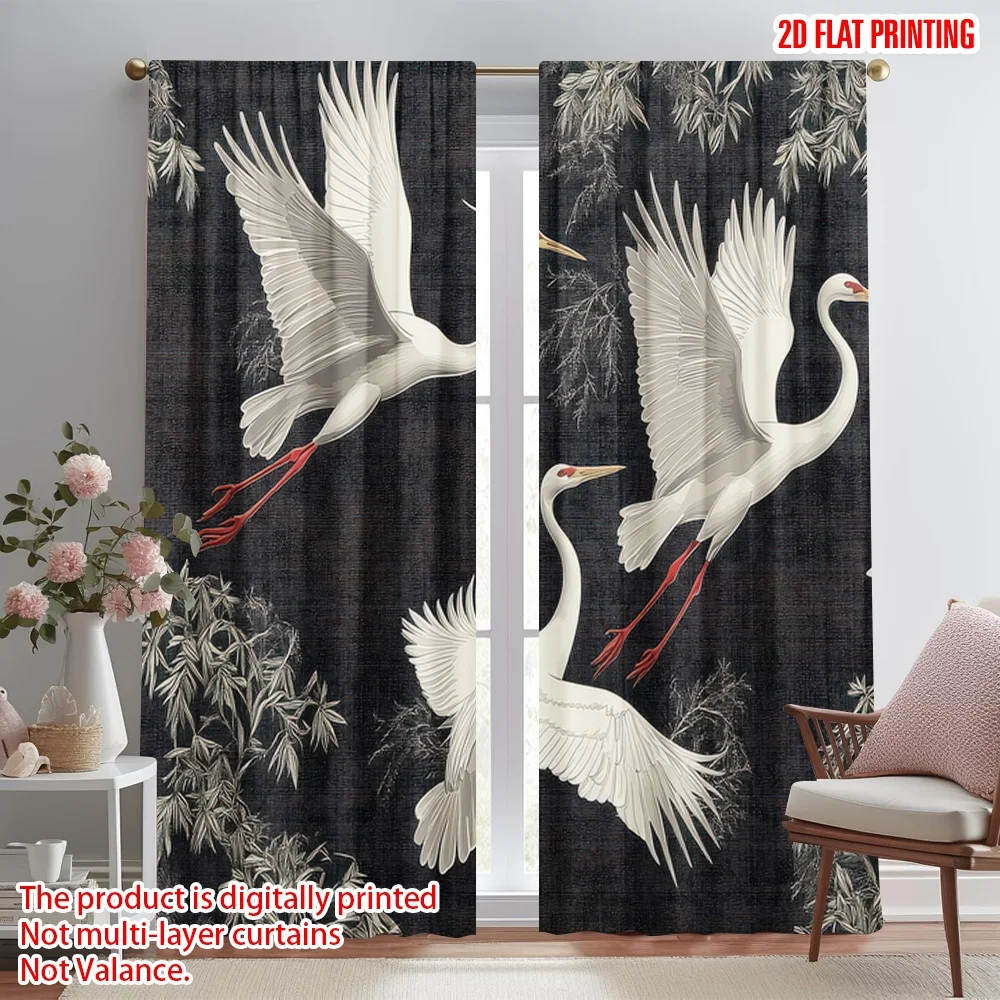 

2D flat printing 2pcs Window Treatment Curtains Cranes in Flight Digital Printed Polyester Drapes Holiday Decorations Perfect