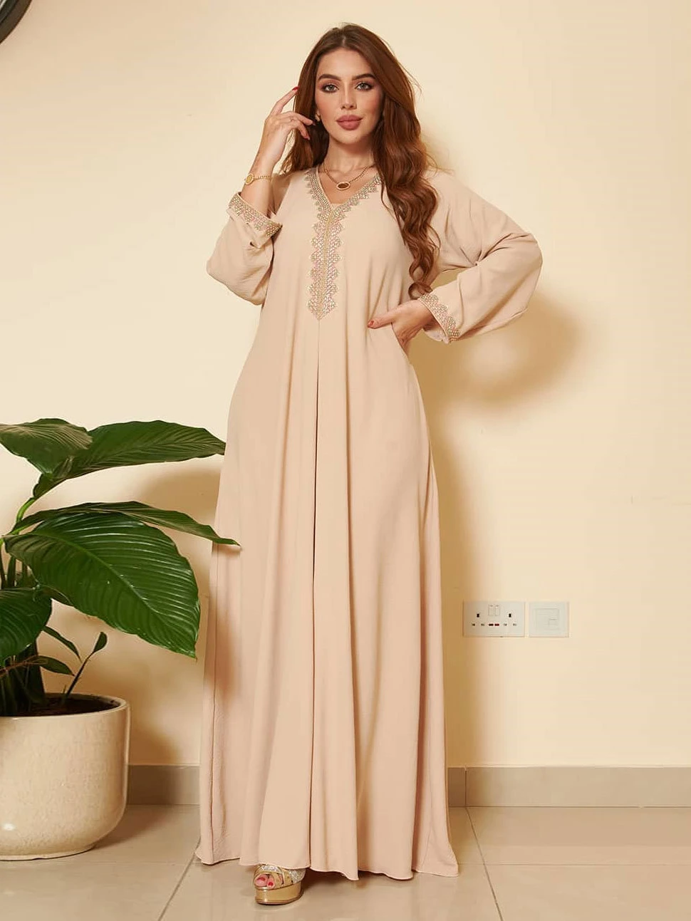 Abaya Muslim Woman Dress Elegant V-Neck Long Sleeve Maxi Party Wedding Gowns Vintage Islamic Loose Robe Kaftan One Piece Set