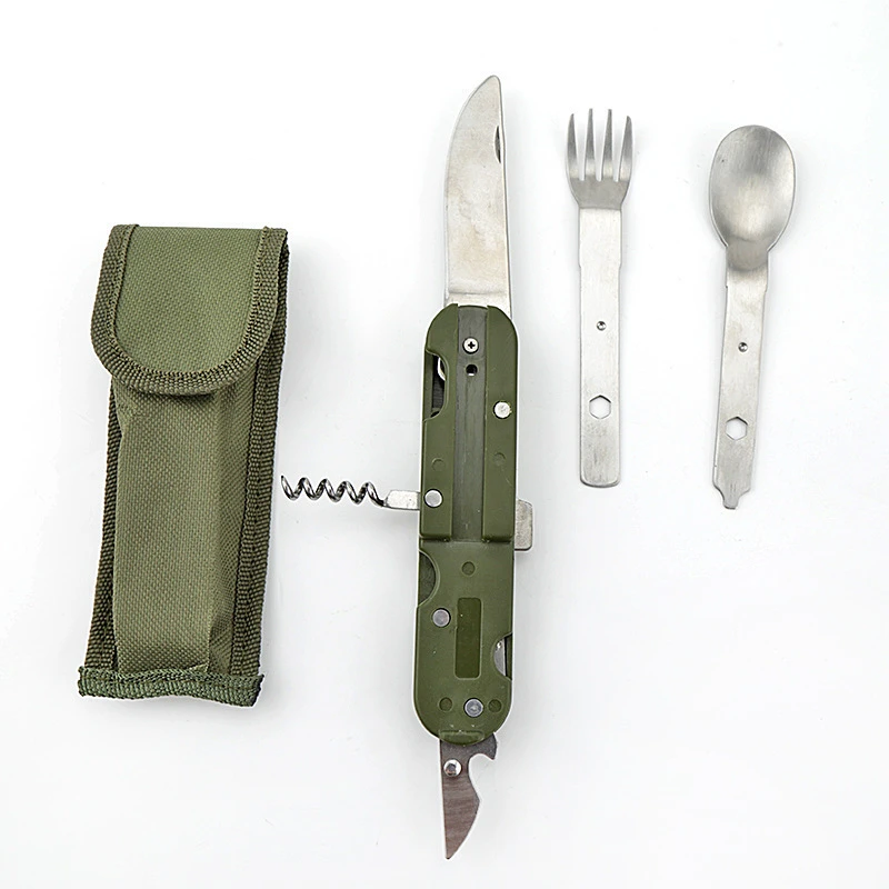 1pc Camping folding knife fork spoon combination stainless steel tableware outdoor multifunctional cooking folding tableware