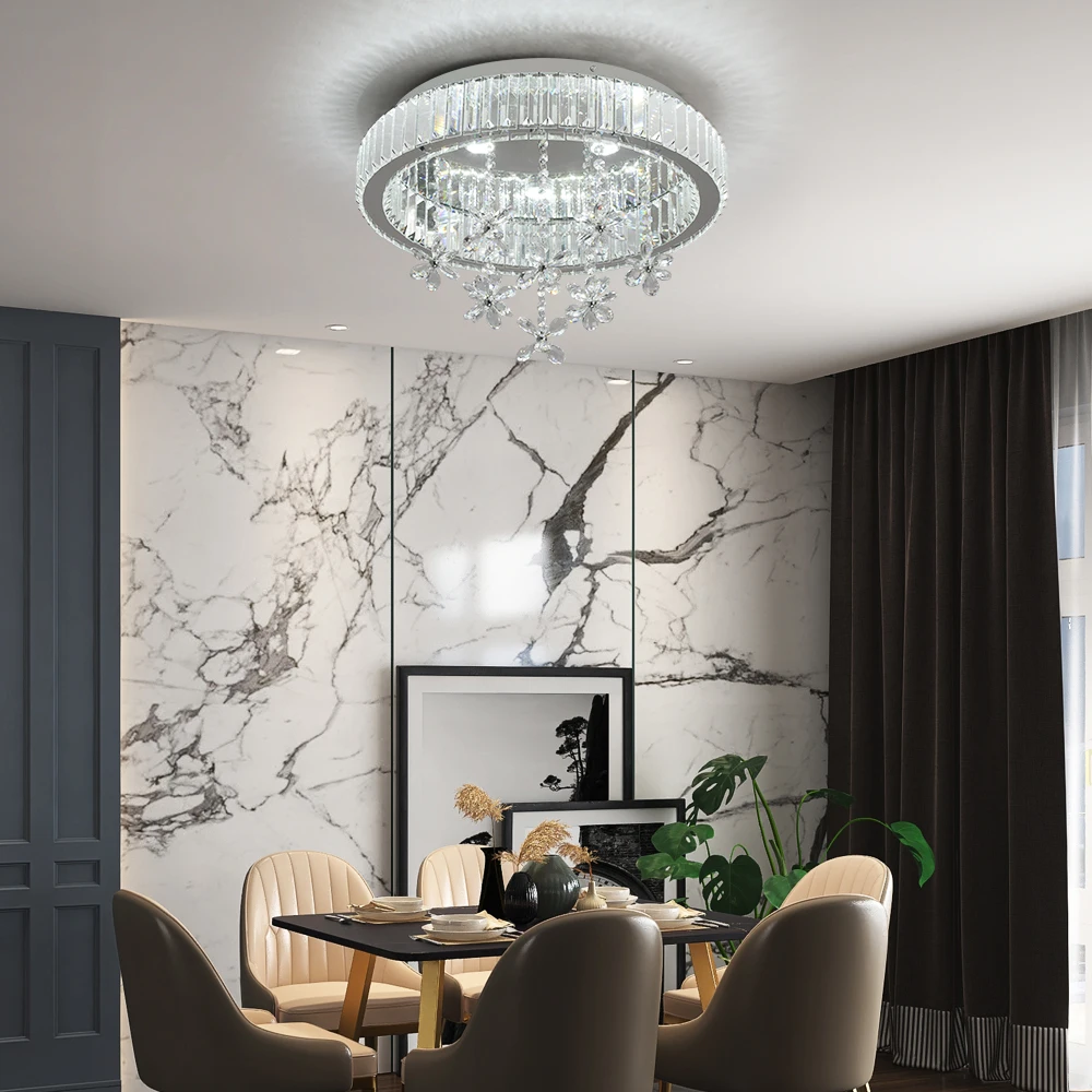 LED Modern Round Crystal Ceiling Light Flush Mount Chandelier with Flower Pendants Prism Crystal Lamp for Living Room Bedroom Home Decor