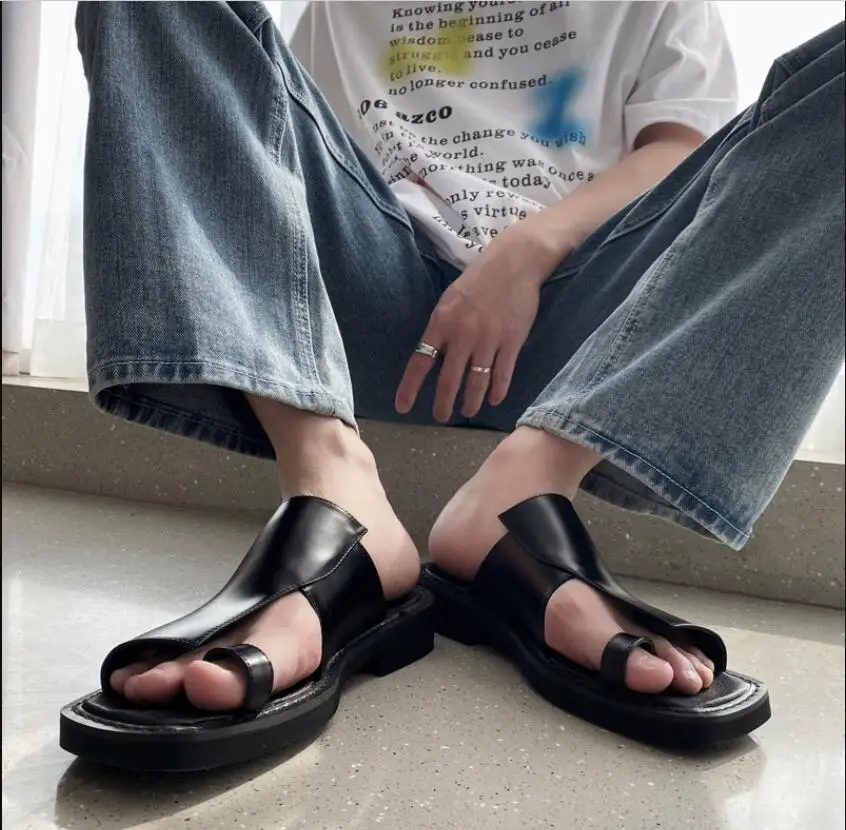 Black Genuine Leather Flip Flops Mens Gladiators Thick heel Rome Style Leisure Beach Thong Sandals Slippers