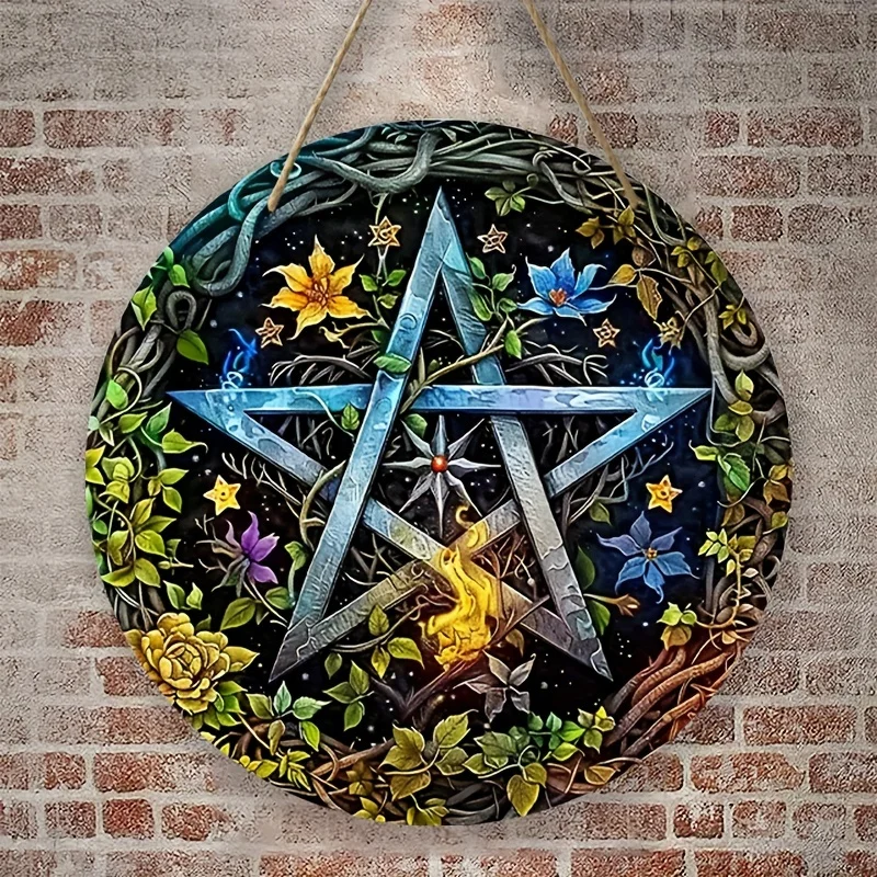 

Wooden Pentacle Sign, Rustic Circular Wall Hanging, Star Themed Art,Artisan Crafted Faux Wood,For Home,Living Room,Patio Decor