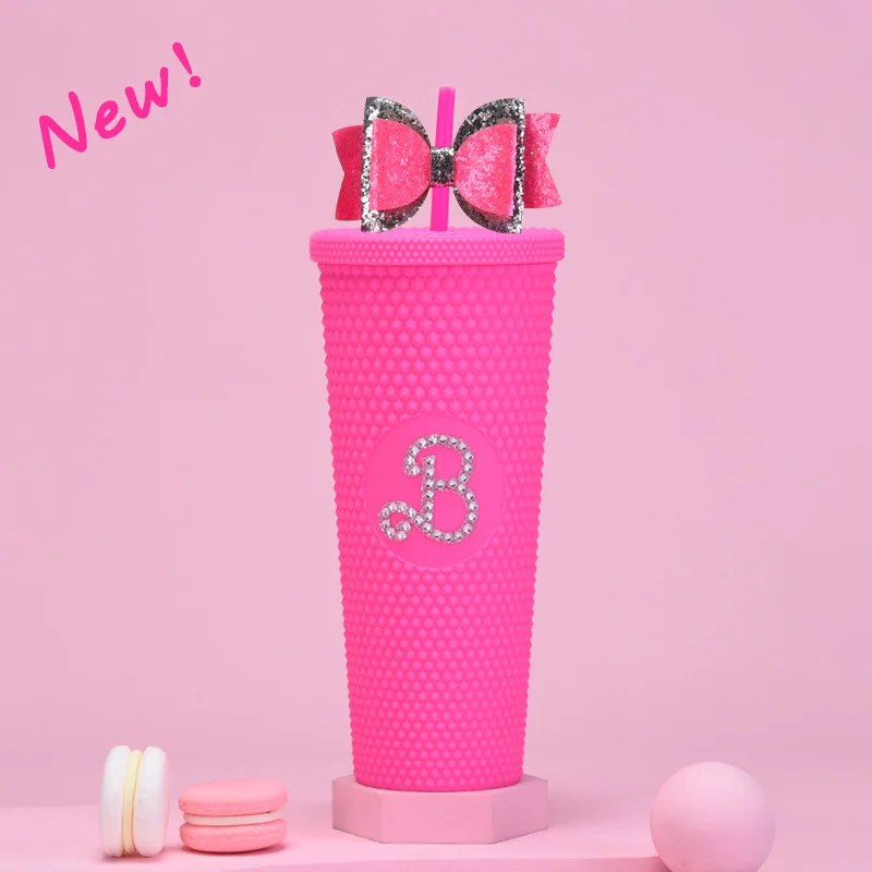 Новые розовые чашки B с бантом, двухслойная пластиковая соломенная чашка 710 мл, креативная портативная чашка с бриллиантами большой емкости
