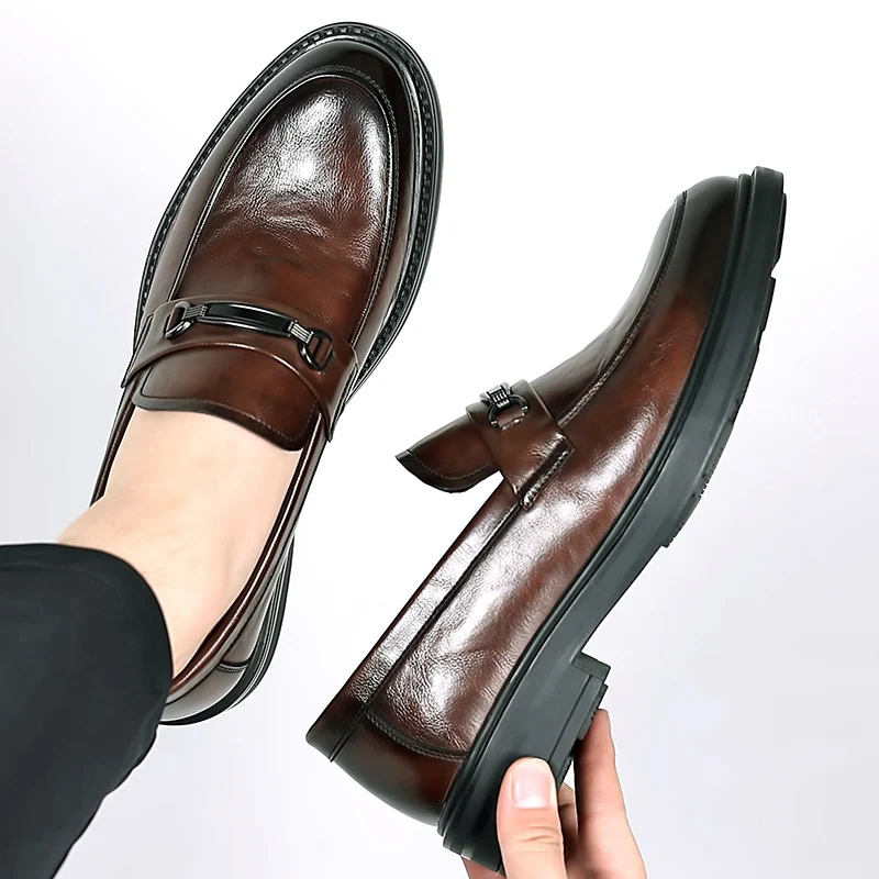 Brand Men Korea Leather Platform Oxfords Slip on Thick Tottom Male Derby Shoes Casual Loafers Mens Square Toe Formal Dress Shoes