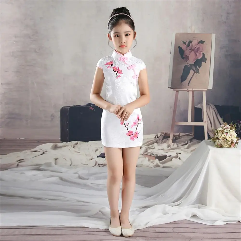 Weißes Mädchen Blumen stickerei Cheong sam Sommer chinesisches traditionelles Kleid Kinder Bühnen leistung Qipao Vestidos Hochzeits feier Kleid