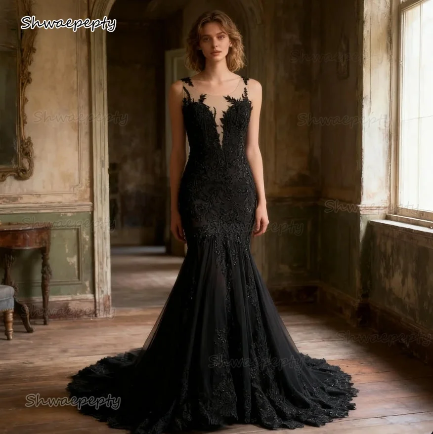 Vintage schwarze Spitze Meerjungfrau Hochzeitskleid Gothic Brautkleider Illusion Champagner O-Ausschnitt ärmellose lange Brautkleider individuell