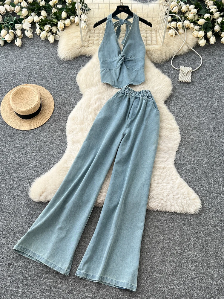 

Hot Girl Style Casual Denim Neck Hanging Women's Summer Slimming High Waist Two-Piece Set Fashionable Commute Wear