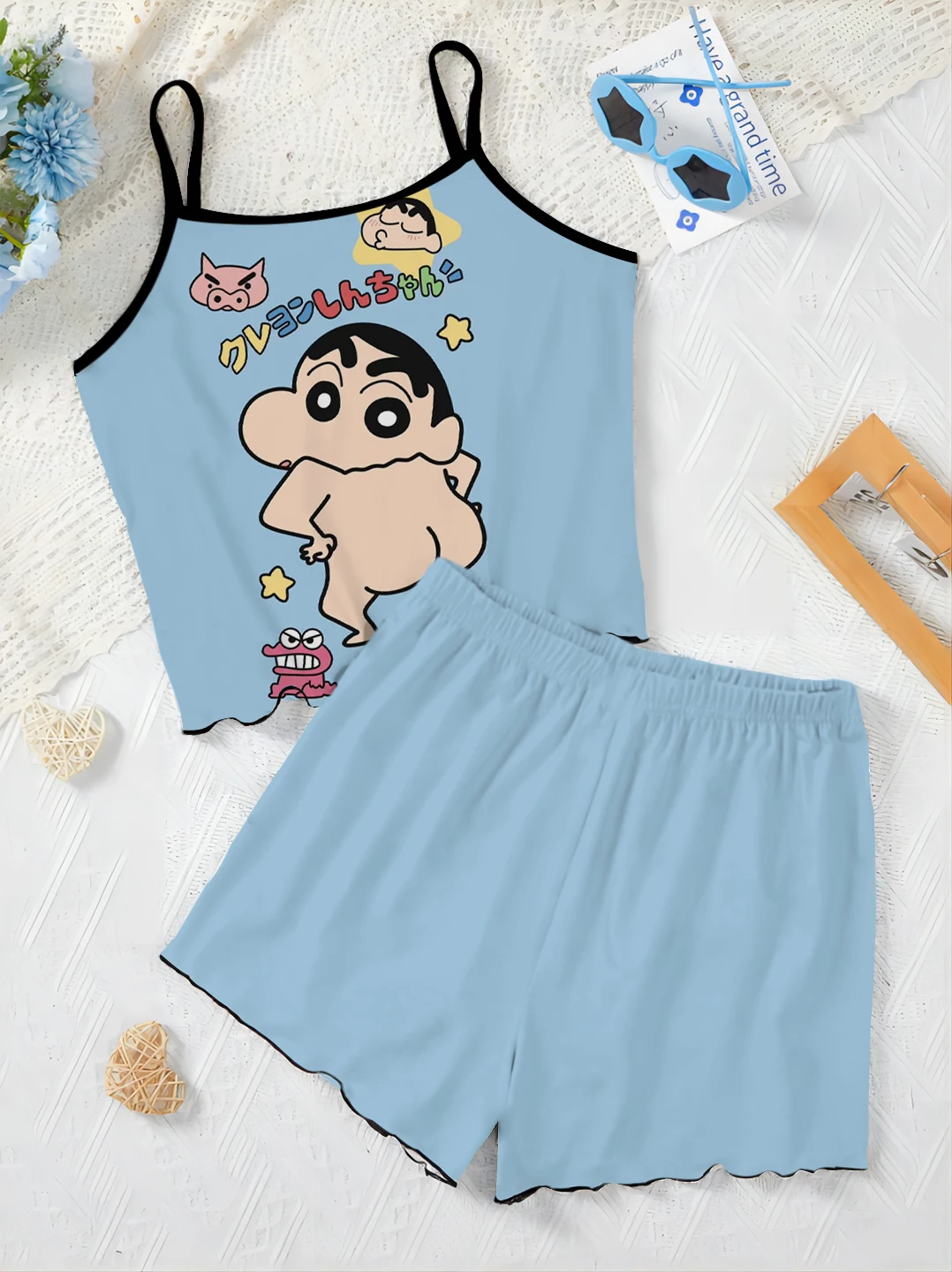 

Summer new products women's casual pajamas suits Crayon Shin-chan printed short-sleeved home clothes satin silky imitation silk