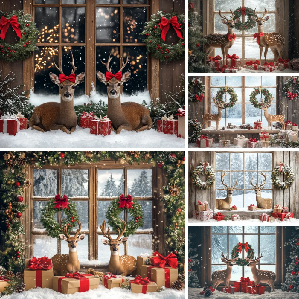 

Window Deer Christmas Photography Background Outside Garland Wooden Window Kids Family Portrait Wreath Gift Decor Backdrop