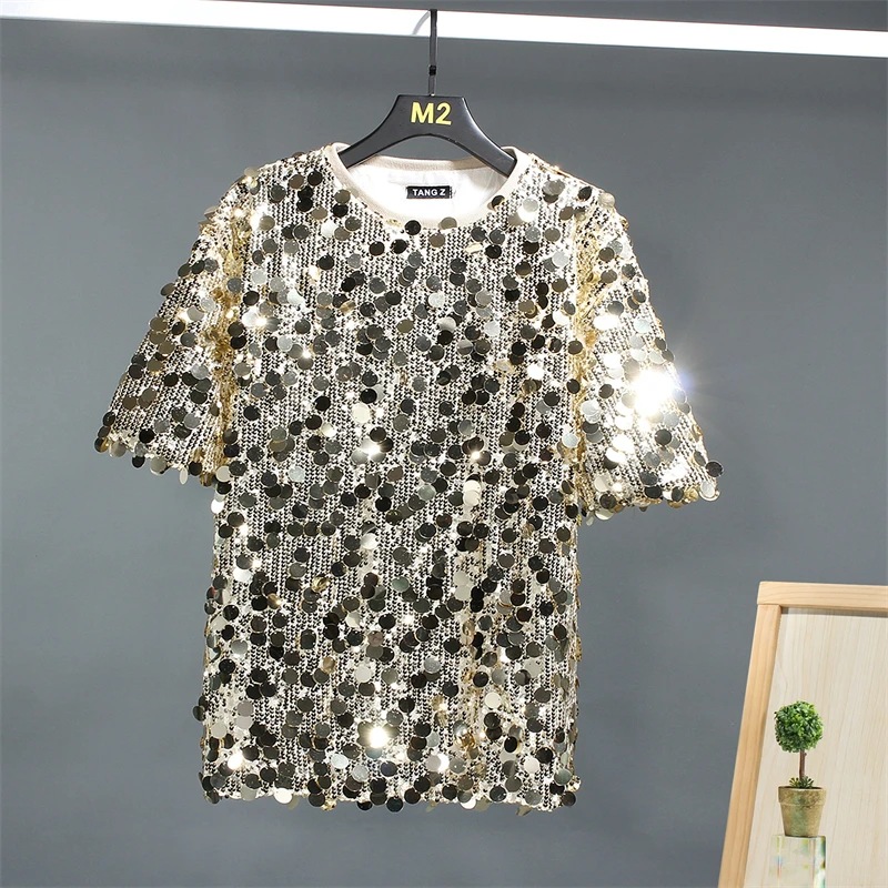 Nightclub Stage Sequins Reflective T Shirt For Men Half Sleeved New Fashion Loose Fit Tees Oversized Quality Camisetas De Hombre