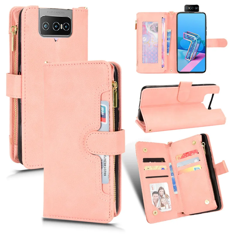 

For ASUS ZenFone 7 ZS670KL Leather Wallet Magnetic Zipper Wallet with Lanyard Phone Retro Wallet for ZenFone 7Pro ZS671KL