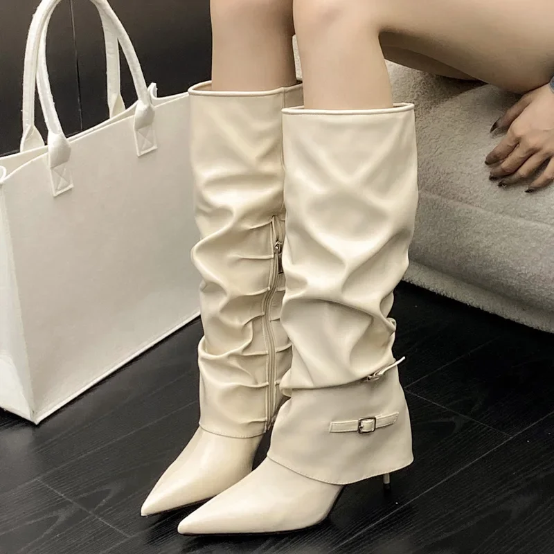 Designer Belt Buckle Pleated Women Ankle Boots Pointed Toe Thin Heels High Quality Design Zipper Autumn Winter Shoes - Image 5