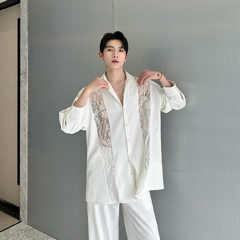 2025 Early Autumn Men's New Tops Lace Splicing Design Long-sleeve Shirts Men's Hollow Out Temperament Fashion Niche Chic Shirts