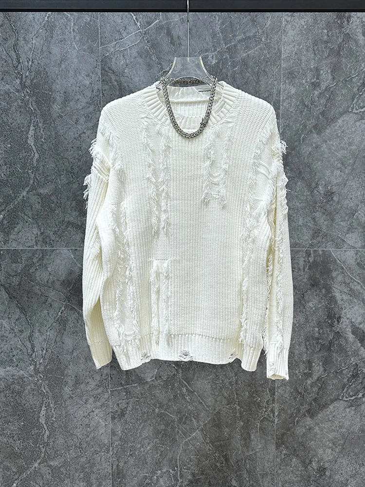 American High Street Ripped Fringe Fashion Trend Round Neck Sweater Autumn Winter Loose Casual Warm Knitted Sweater for Men