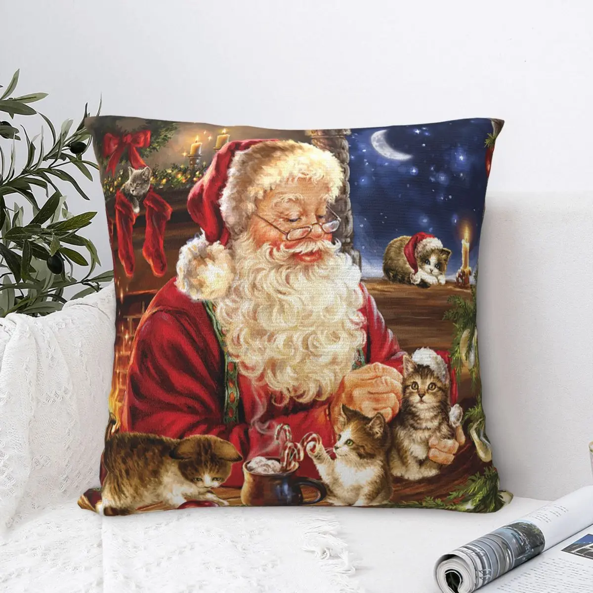 New Year Pillow Cases Merry Christmas Santa Cute Cat Cushion Covers Vintage Polyester Decorative Pillowcase for Car 45*45cm