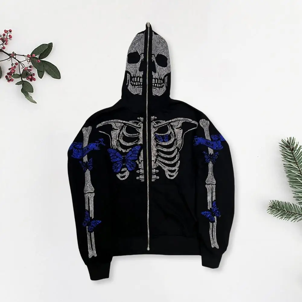 

Fall Winter Outerwear Rhinestone Ghost Skeleton Halloween Hoodie with Zipper Closure Pockets Unisex Party Cosplay for Fall
