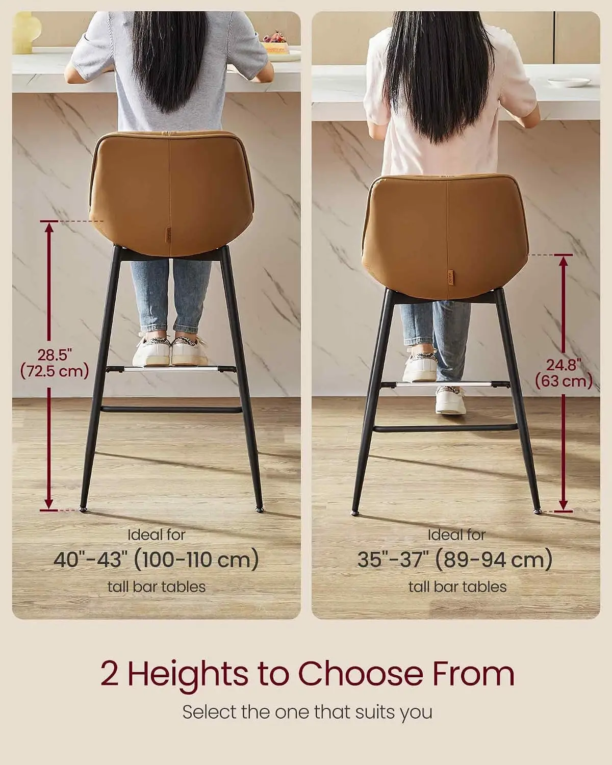 Bar Stools Set of 2, Counter Height Bar Stools with Back, Ergonomic Backrest, Synthetic Leather, Metal Legs, 24.8-Inch Tall Bars