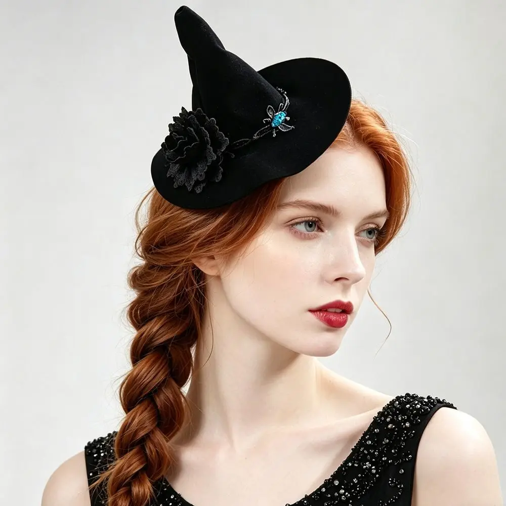 Flower Witch Hat Hair Clip Gothic Style Headdress Halloween Hair Clip Skull Spider Dark Black Witch Hairpins Halloween Party