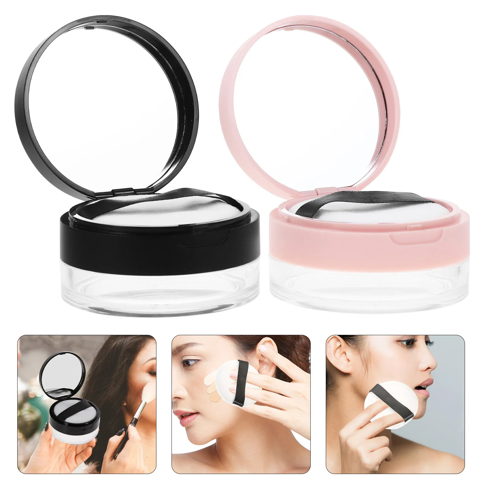 2Pcs Travel Loose Powder Containers Portable Powder Dispenser Makeup Cases Small Puff Compact with Mirror for Foundation
