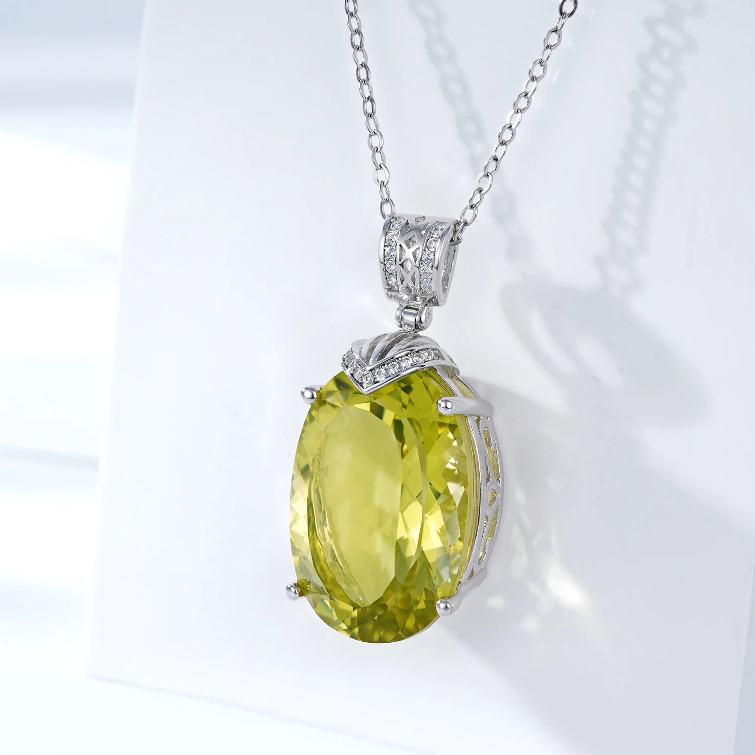 YBO Big Oval Gemstone Pendants Natural Lemon Quartz Fine Jewelry Necklaces 925 Sterling Silver Clavicle Chains For Women Girls