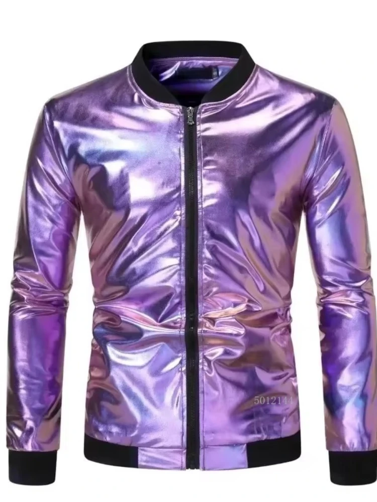 

Новинка 2025, золотистый, серебристый, фиолетовый, блестящая поверхность, мужские уличные куртки и пальто с воротником-стойкой, куртка в стиле хип-хоп, верхняя одежда, весна-осень