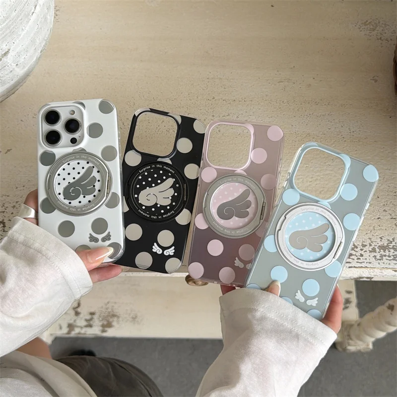 

Shockproof 360 Phone Case For iPhone 15 16 17 Pro Max Cute Polka Dot Wing with Stand Protective Cover fashion phone cases