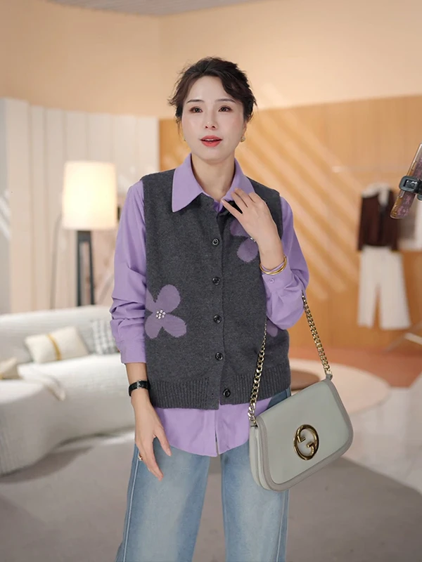 

Теплый вязаный комплект для женщин: повседневный свитер с длинным рукавом и отложным воротником, базовый слой, свитер и жилет, комплект из двух предметов, модный, с эффектом перекрытия...