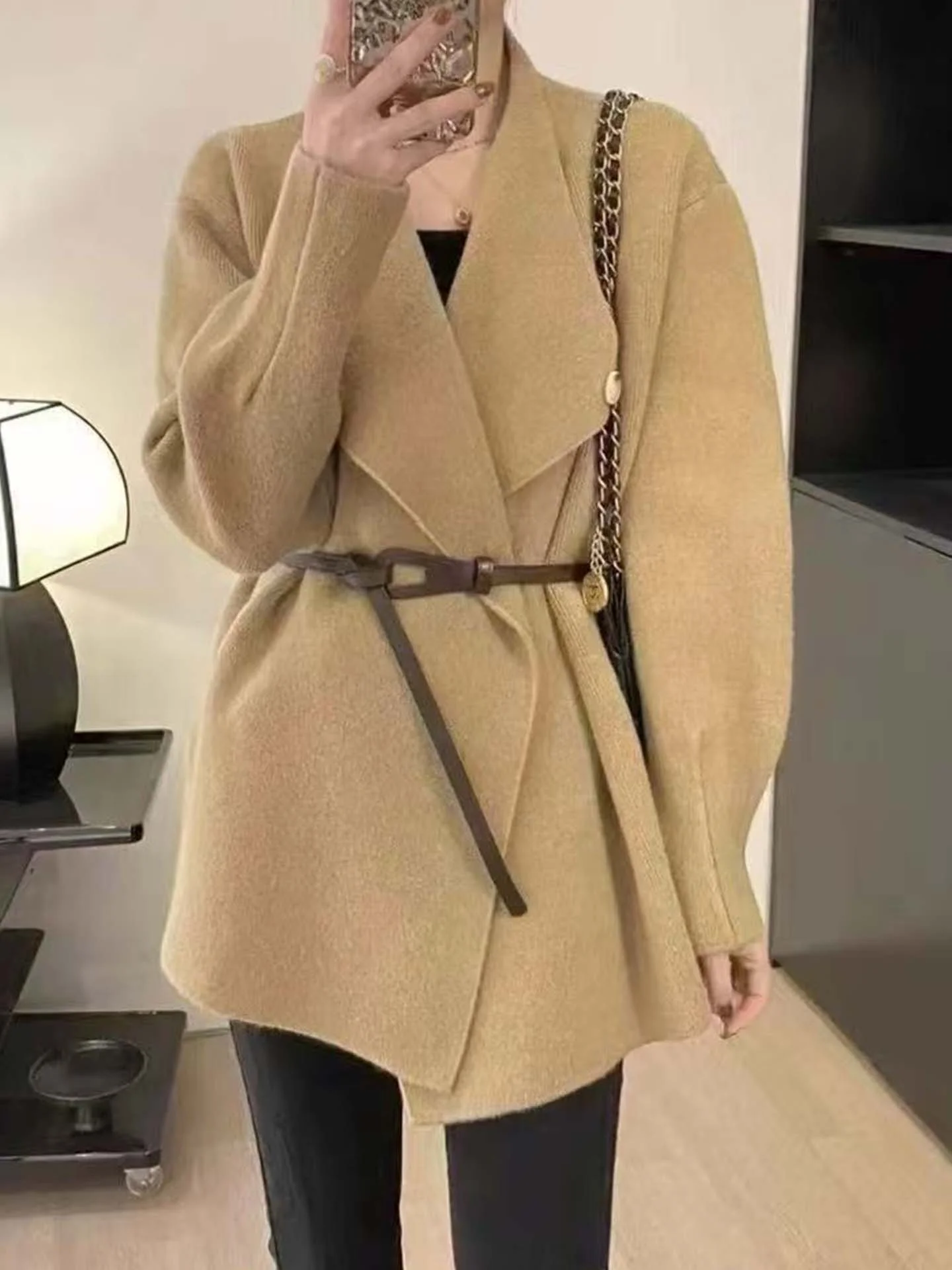 

Корейский свободный вязаный кардиган средней длины для женщин, с открытым передом, с поясом, в стиле Lazy Sle, повседневная верхняя одежда