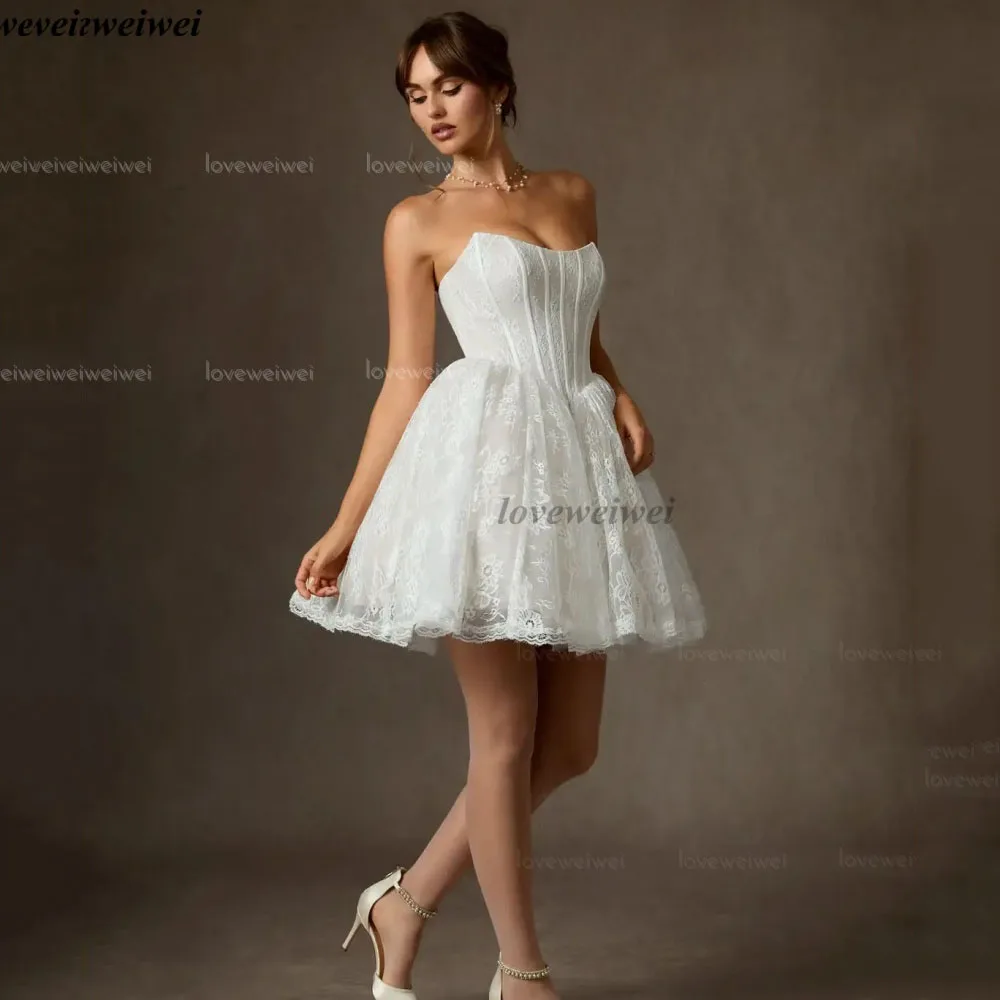 ชุดแต่งงานมินิแบบไร้สายรัด  ผ้าลูกไม้  ทรงเอ  แบบคลาสสิก  ชุดเจ้าสาวหรูหรา  ชุดแต่งงานแบบไม่มีแขน  ชุดเจ้าสาว  เวสติโดส เด โนเวีย