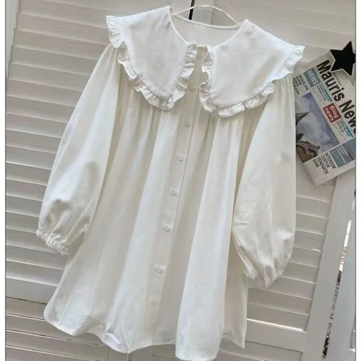 Damenhemden, einfarbig, mit langen Puffärmeln, Peter-Pan-Kragen, koreanischer Stil, modische Oberteile, Retro-Damenbluse, schlicht, lässig, vielseitig kombinierbar. – Detail 18