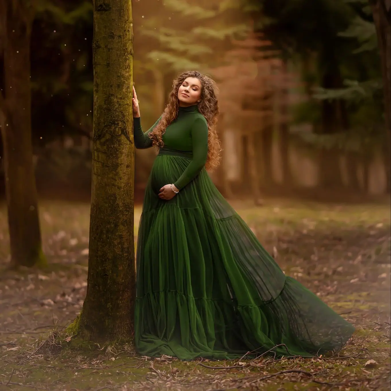 Dark Green Maternity Dresses for Photo Shoot High Neck Modest Pregnancy Maternity Gown Long Sleeve Babyshower Dress