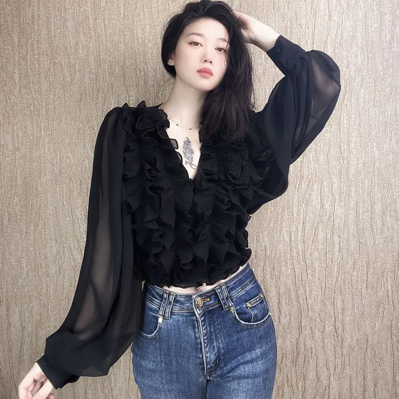 Vintage V-neck Long Sleeved Floral Temperament Shirt Women2024 Spring Ruffles Y2K Chiffon Shirt Large Size Bishop Sleeve Tops