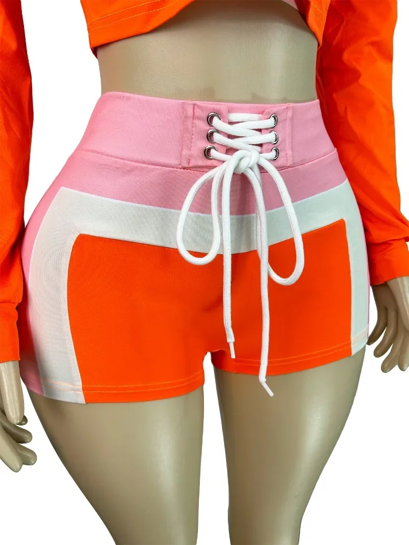 Chándales de retales de colores, conjunto de 3 piezas, Top Bandeau a la moda para mujer, chaquetas de manga larga con cremallera y pantalones cortos con cordones, trajes a juego