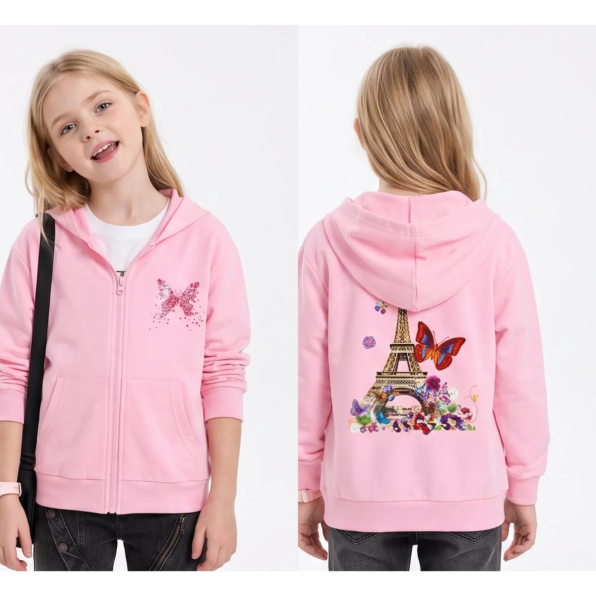 Girls Eiffel Tower Floral Butterfly Zip‑Up Hoodie Front‑Back Print Kids Spring Casual Hooded Jacket