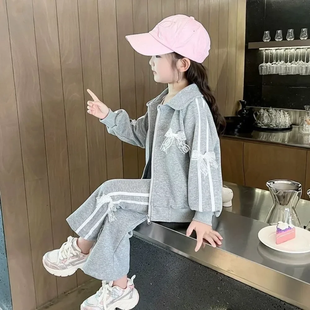 

Осенняя новая милая одежда для девочек с украшением в виде банта, серая куртка с длинными рукавами и лацканами + брюки, детский повседневный комплект для детей 3-7 лет