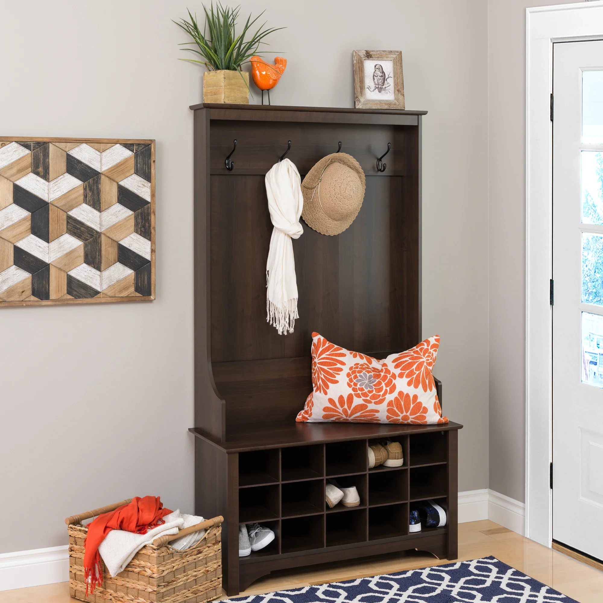 panic buying 3-in-1 Hall Tree with Bench and Shoe Storage Coat Rack Entryway Wood Furniture