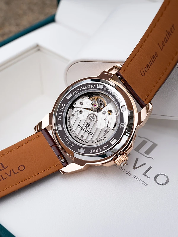 OBLVLO Men Automatic Watch 40mm Mechanical Wristwatch 5ATM Luminous Crystal Bezel Year,Month,Week,Date,24 Hours TY1655 Mov. view 5