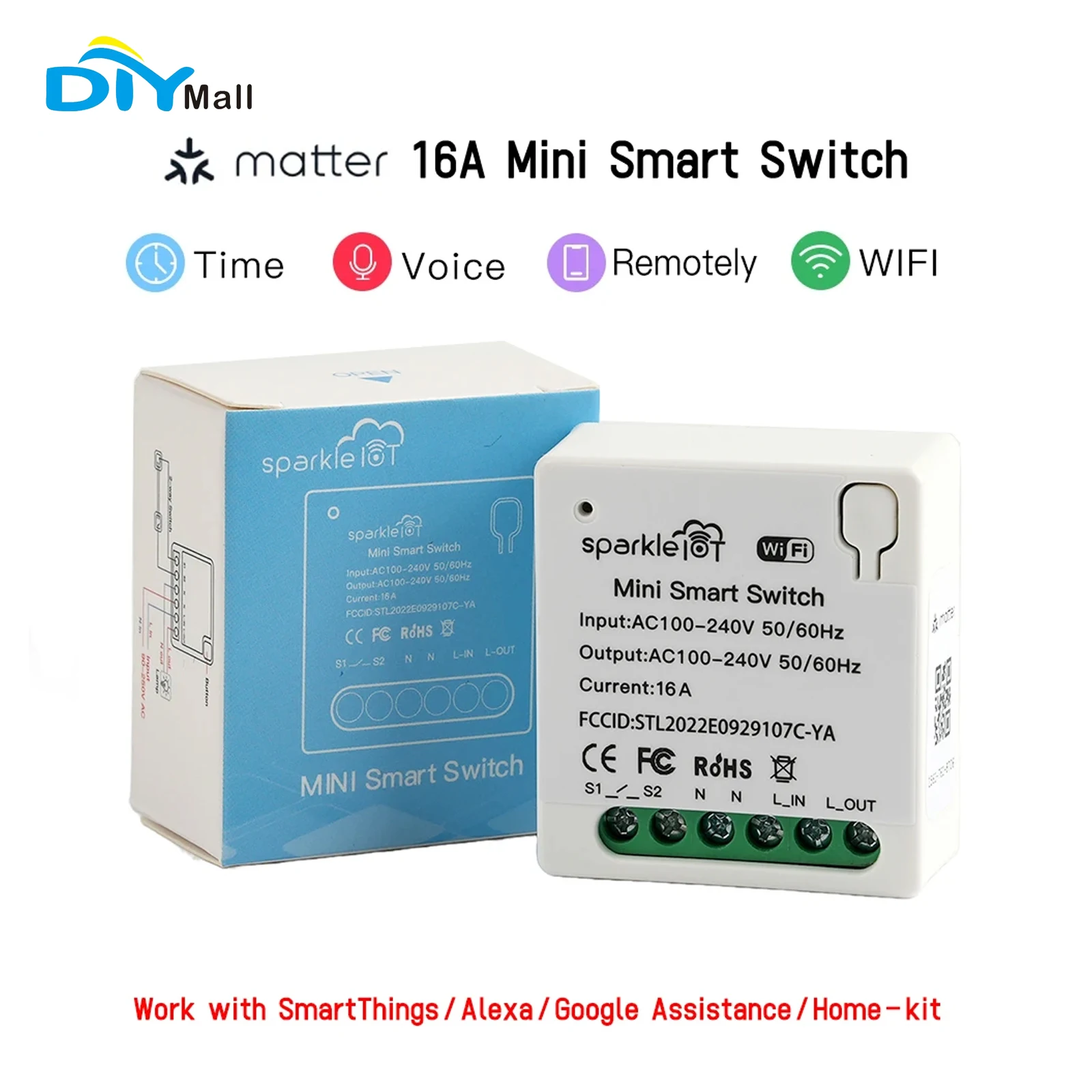 DIYmall Matter Certified 16A WiFi Mini Smart Switch Dual Control Outlet Works with Alexa/Google/HomeKit