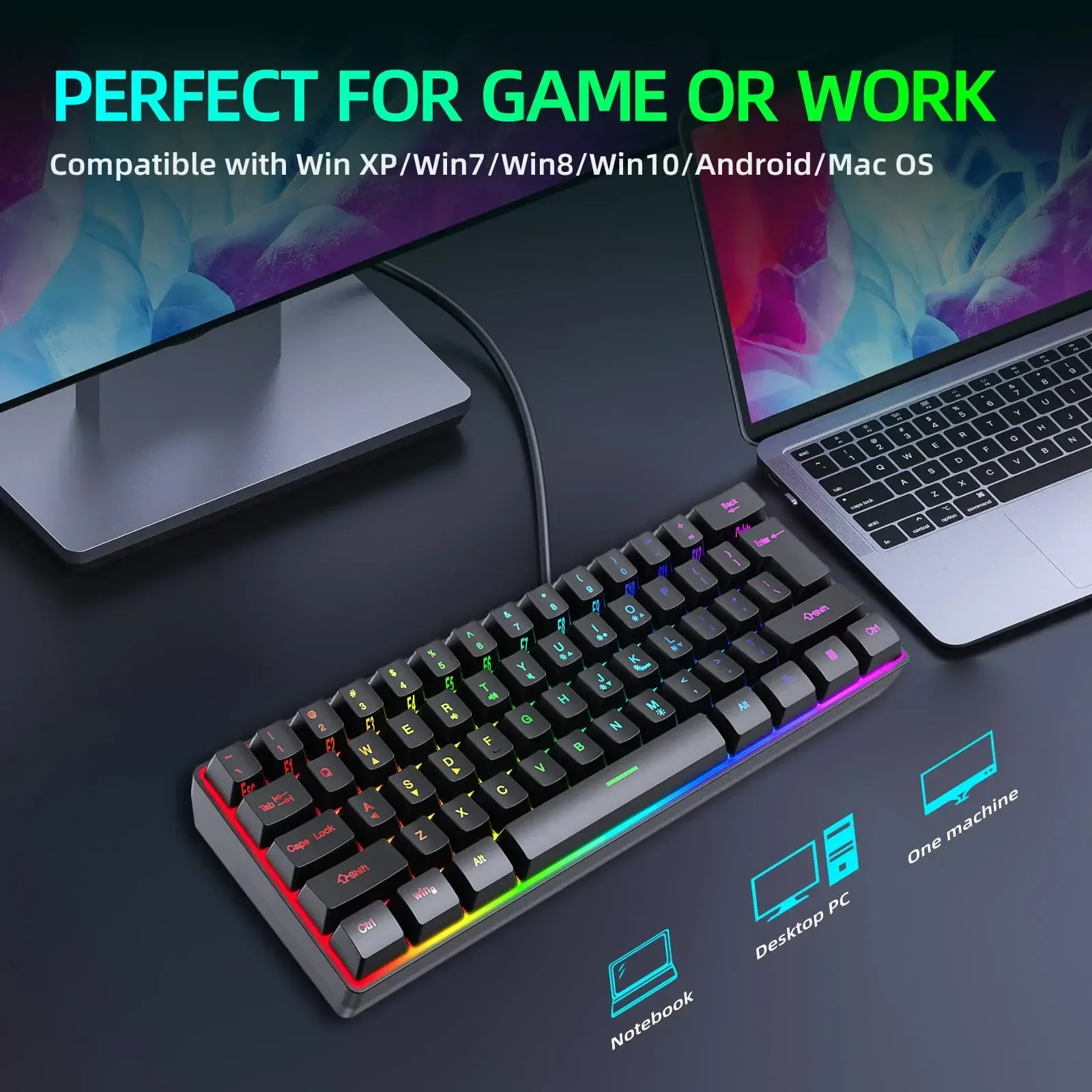 61 Keys RGB Backlit 60% Wired Gaming Keyboard, Ergonomic Waterproof Mini Compact 60 Percent Mechanical Feeling Keyboard