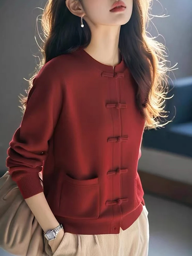 

Ele Long Sve Knitted Open Cardigan Loose Fit Slimming Versatile Outerwear Top Chinese Sle Button Detail Autumn Faion