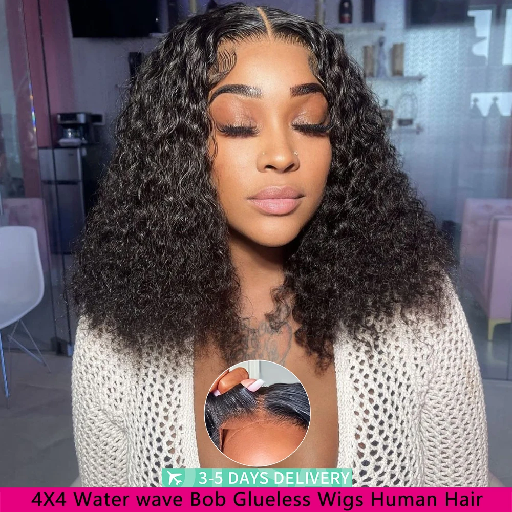 

Water Wave Bob Glueless Wigs Human Hair 16 Inch Deep Curly Human Hair Wig 12A Transparent Bob Wig Human Hair 3-5 Days Delivery