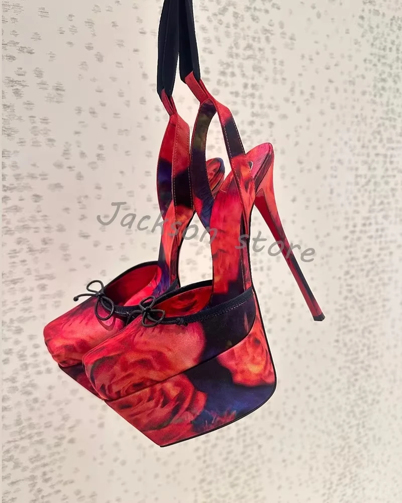 

Luxury Art Print Platform High Heel Pumps Thick Sole Satin Ribbon Bowknot Evening Dress Shoes Summer Women Sandals Wedding