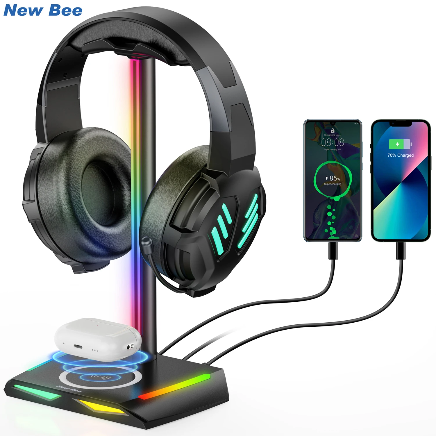 New Bee Z12 RGB Headphones Stand Holder with Wireless Charger Base
